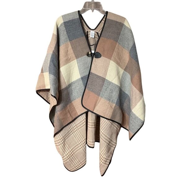 Liz Claiborne Plaid Poncho Cape Shawl Tweed New Equestrian Neutral Luxury OS - Picture 1 of 11